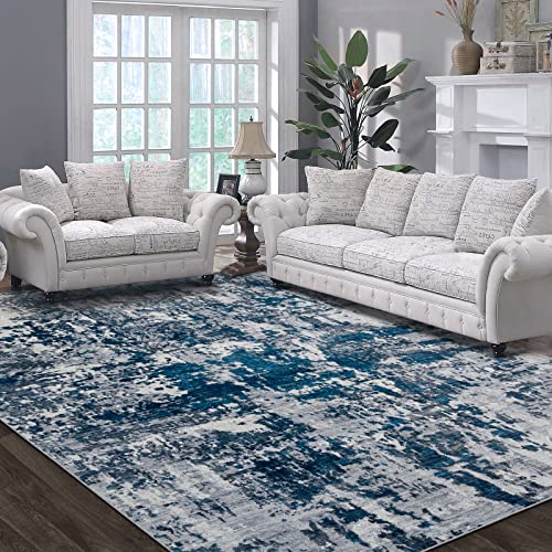 Abstract Soft Fluffy Pile Area Rug - Grey/Navy Blue