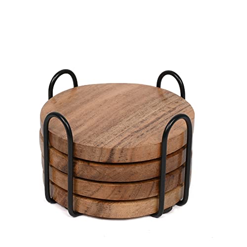 Acacia Wood Coasters with Iron Holder Stand