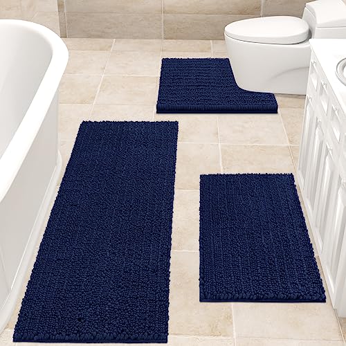 BYSURE Navy Blue Memory Foam Bathroom Rug Set 3 Piece Non Slip Extra  Absorbent Shaggy Bathroom Mats and Rugs Sets, Soft & Dry Bath Mat Sets for
