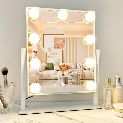  Keonjinn Large Vanity Mirror with Lights, 15 Replaceable Bulbs  Hollywood Makeup Mirror with 2 Replacement Bulbs, 3-Color Lights, Aluminum  Metal Frame, USB Charging Port, 23 x 18 White Lighted Mirror