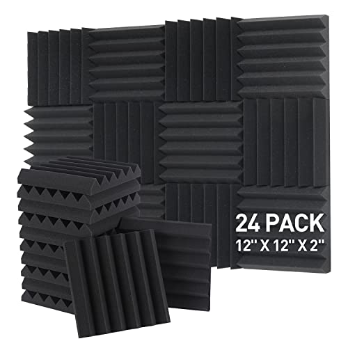 Acoustic Foam Panels - 12 x 12 x 2 Inches Wedges Sound Proof Foam Panels 24 Pack High Density Foam Acoustic Treatment Fire Resistant Studio Foam (Black)
