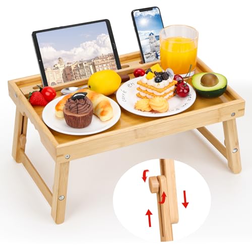 Adjustable Bamboo Bed Tray Table with Phone Holders