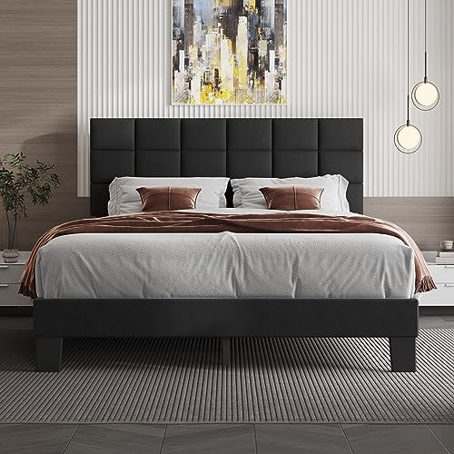 Adjustable Headboard Bed Frame with Wood Slats Support