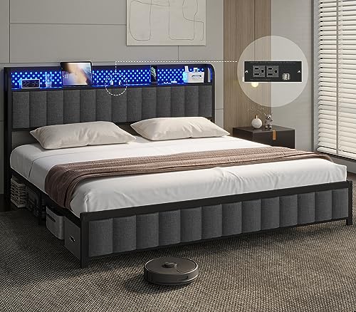 ADORNEVE LED Bed Frame with Storage Headboard, Dark Grey