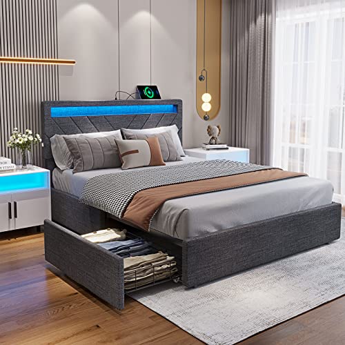 ADORNEVE Queen Bed Frame with 4 Drawers and LED Lights Headboard