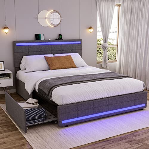 LED Upholstered Queen Size Bed Frame with 4 Drawers and USB Charging