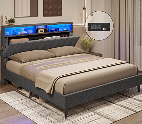 ADORNEVE LED Storage Bed Frame, Queen Size, Dark Grey