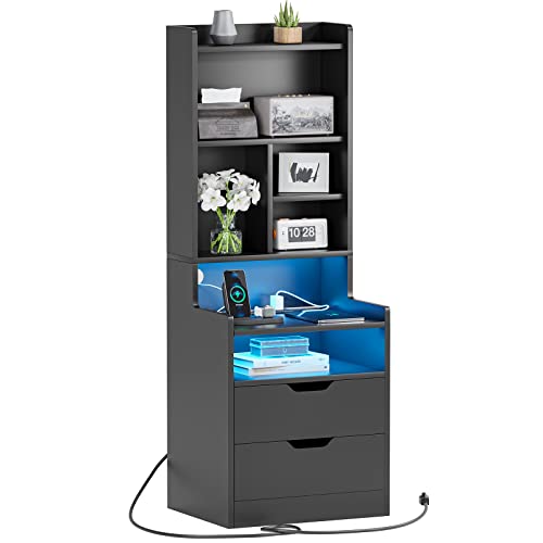 ADORNEVE Tall Night Stand with Charging Station and LED Lights