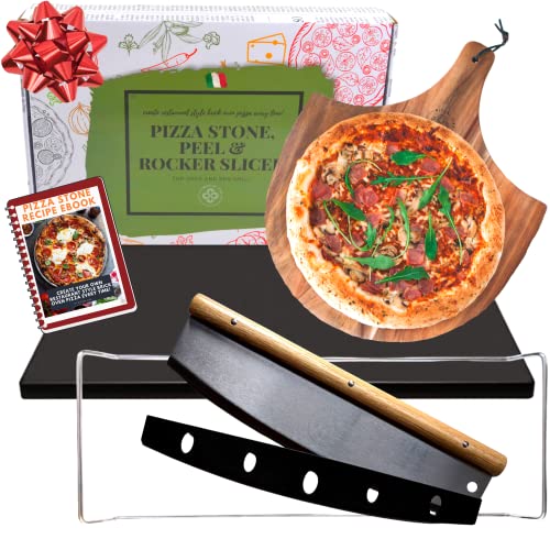 Advanced Pizza Stone - Ceramic Coated Non Stick with Wooden Pizza Peel Paddle & Pizza Cutter Set