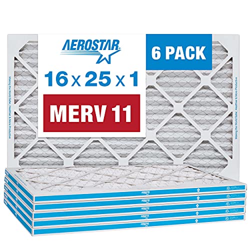 Aerostar 16x25x1 MERV 11 Pleated AC Furnace Air Filter, 6 Pack