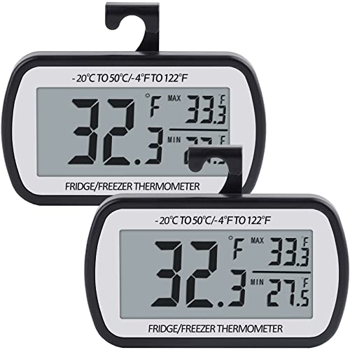 Waterproof Refrigerator Fridge Thermometer, Digital Freezer Room Thermometer,  Max/Min Record Function Large LCD Screen and Magnetic Back for Kitchen,  Home, Restaurants (2 Pack) 