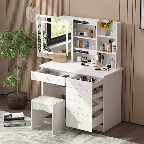 AIEGLE Large Vanity Desk Set with Sliding Lighted Mirror