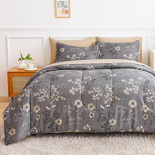 AIKASY Grey Queen 7-Piece Comforter Set with Tree Branches and Flowers Print