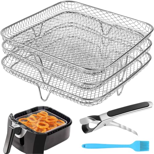 Air Fryer Accessories - Three Stackable Dehydrator Racks for Ninja, Instant Pot Vortex, COSORI, CHEFMAN, Gowise, Ultrean, Gourmia - 304 Stainless Steel Grill Rack Fits 4.2-5.8 QT Air Fryer, Oven