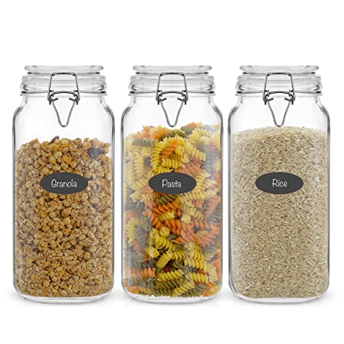  Vtopmart 78oz Glass Food Storage Jars with Airtight Clamp Lids,  3 Pack Large Kitchen Canisters for Flour, Cereal, Coffee, Pasta and Canning,  Square Mason Jars with 8 Chalkboard Labels: Home 