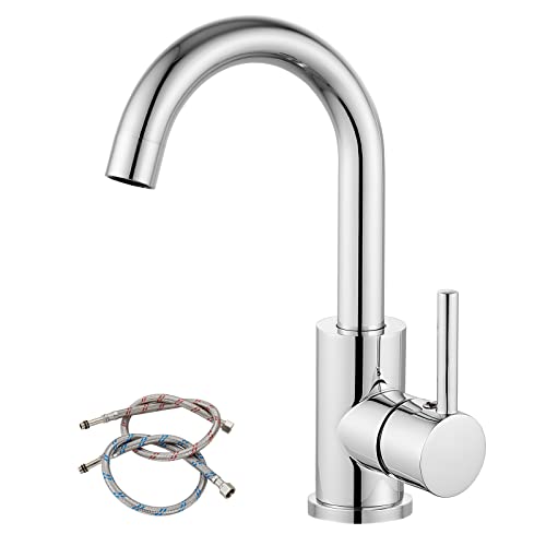 Airuida Chrome Polish Wet Bar Sink Faucet Single Handle Farmhouse Kitchen Small RV Bathroom Faucet Deck Mount Vanity Lavatory Mixer Tap One Hole 360 Degree Swivel Spout with Supply Hoses