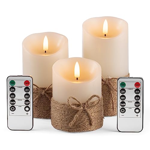 AKU TONPA Flameless Candles Battery Operated Pillar Real Wax Electric LED Candle Gift Set with Remote Control and Timer, 4" 5" 6" Pack of 3 (Ivory Wax with Hemp Rope)
