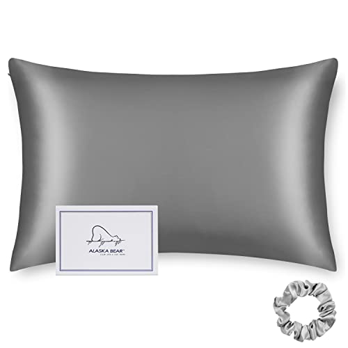 ALASKA BEAR Silk Pillowcase, 100% Mulberry Silk, King Size, Iron Grey