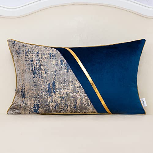 Alerfa 12 x 20 Inch Navy Blue Beige Gold Leather Patchwork Velvet & Polyester Cushion Case Luxury Modern Lumbar Throw Pillow Cover Decorative Pillow for Couch Sofa Living Room Bedroom Car 30 x 50cm
