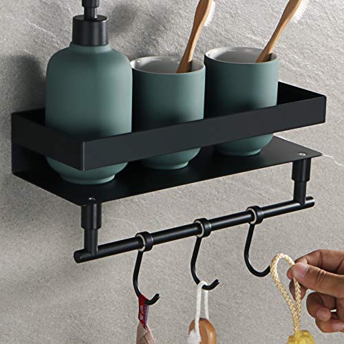 Alise Matte Black Stainless Steel Wall-Mount Shelf with Towel Bar and Hooks