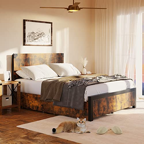 Alkmaar Full Bed Frame: Rustic Wood & Metal with Storage, No Box Spring Needed