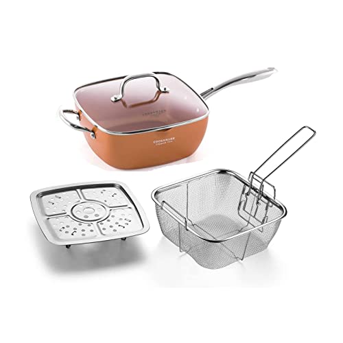 FeLamp 9.5" Induction Deep Square Frying Pan Set with Glass Lid & Accessories