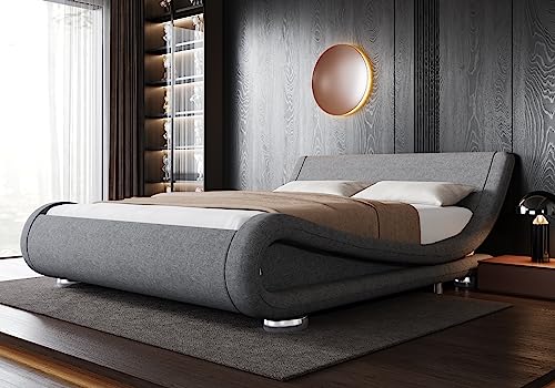Allewie Adjustable Headboard Full Size Bed Frame - Modern Sleigh Design, Grey