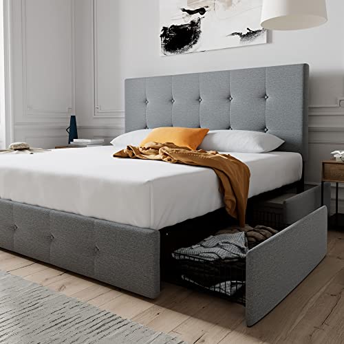 Allewie Upholstered Storage Bed with Adjustable Headboard, 4 Drawers, Light Grey
