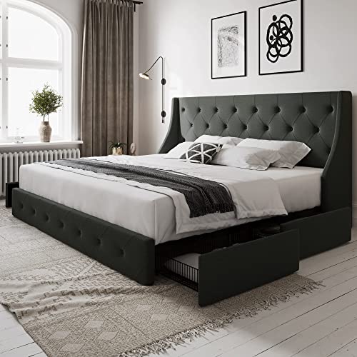 Allewie Queen Bed Frame with 4 Storage Drawers
