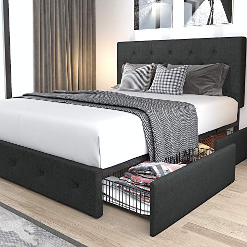 Allewie Queen Size Platform Bed with Storage Drawers and Headboard