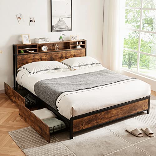 Alohappy Full Size Bed Frame with Bookcase Headboard and 4 Storage Drawers