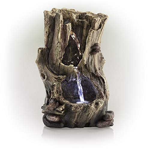 Alpine 11" Tall Rainforest Tabletop Fountain with LED Lights, Beige/Brown