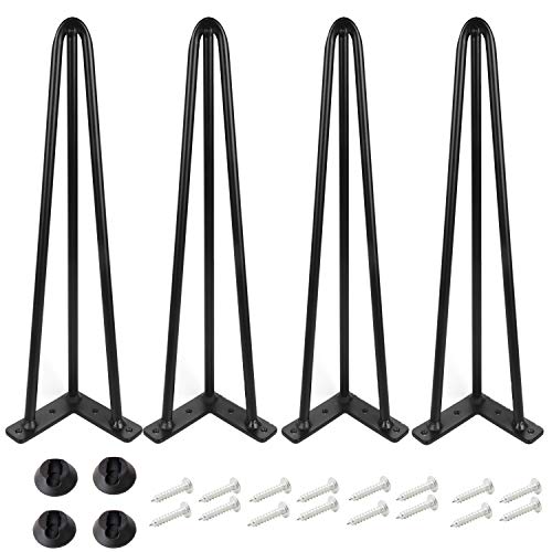 ALXEH 20 Inch Hairpin Table Legs 1/2” Dia 3-Rods Hairpin Furniture Feet 4pcs, Heavy Duty Black Hairpin Legs with Floor Protectors for Coffee Table, DIY Desk and Stand