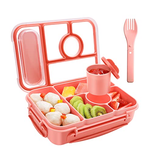 Amathley Bento box adult lunch box,lunch box kids,lunch containers for Adults/Kids/Toddler,5 Compartments bento Lunch box for kids with Sauce Vontainers,Microwave & Dishwasher & Freezer Safe, BPA Free(Pink)