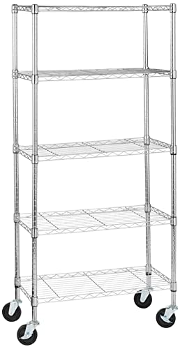 Amazon Basics 5-Shelf Adjustable, Heavy Duty Storage Shelving Unit on 4'' Wheel Casters, Metal Organizer Wire Rack, Chrome, 30" L x 14" W x 64.75" H
