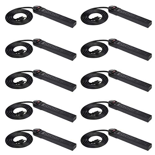 Amazon Basics Rectangular 6-Outlet Surge Protector Power Cord Strip, 790 Joule, Black, 10-Pack