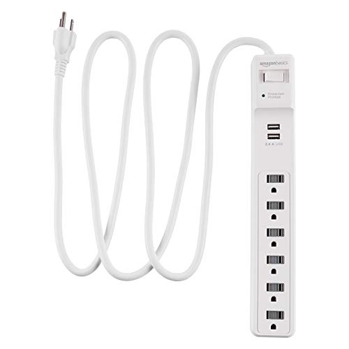 Amazon Basics Rectangular 6-Outlet Surge Protector Power Strip with 2 USB Ports - 1000 Joule, White, 6 ft