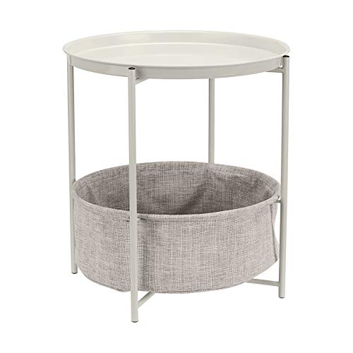 Amazon Basics Round Storage End Table, Side Table with Cloth Basket, White/Heather Gray, 18 in x 18 in x 19 in