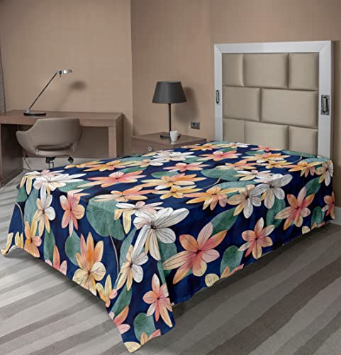 Watercolor Peachy Floral Twin Size Flat Sheet in Navy Blue and Laurel Green