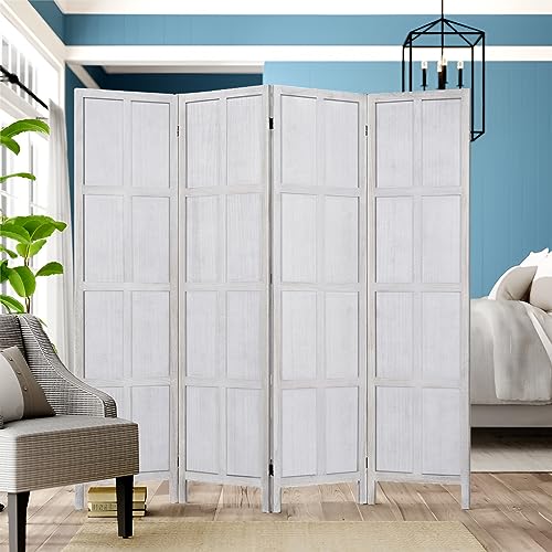 AMBITION LAND 5.8 Ft.Tall Room Divider with Stands, 16" Each Panel, Room Separator, Temporary Wall, Rustic Folding Privacy Screens, Freestanding Partition Wall Dividers, 4 Panel, White