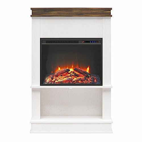 Ameriwood Home Mateo Electric Fireplace with Mantel & Open Shelf, Ivory Oak