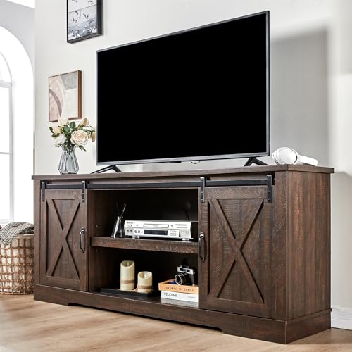 AMERLIFE 66" Farmhouse TV Stand with Sliding Barn Door and Storage