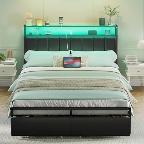 Queen Storage Bed Frame with LED Lights & Charging Station, Easy Assembly