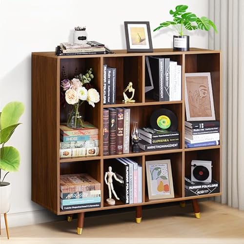 AMOWARE 9 Cube Storage Bookcase - Modern Brown Wood Shelves
