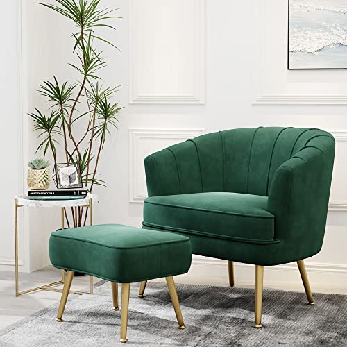 Andeworld Green Velvet Accent Chair with Ottoman, Modern Comfy Armchair