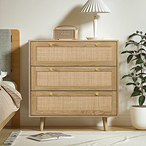 Rustic Oak 3-Drawer Rattan Wood Dresser for Bedroom, Living Room