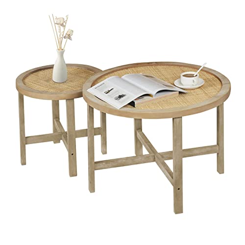 Anmytek 2-Piece Round Rattan Wood Coffee Tables for Living Room