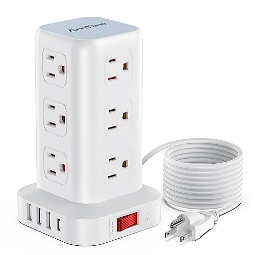 Surge Protector Power Strip Tower with USB C Port(PD18W),10FT Extension  Cord with 12 AC Outlets 5 USB Charging Ports, PASSUS Power Tower Surge