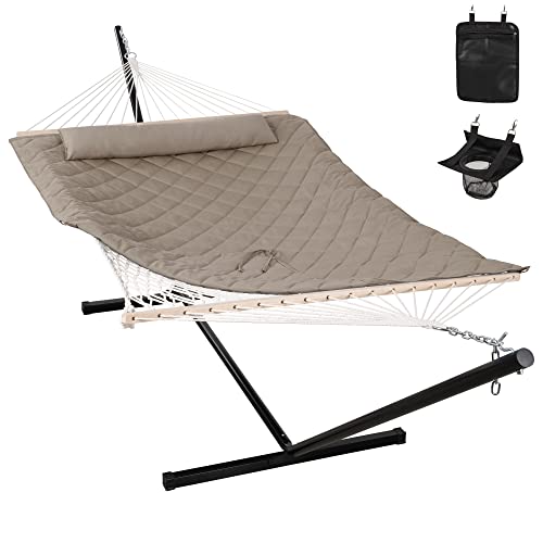 Double Rope Hammock with Detachable Pillow and Stand, Light Brown