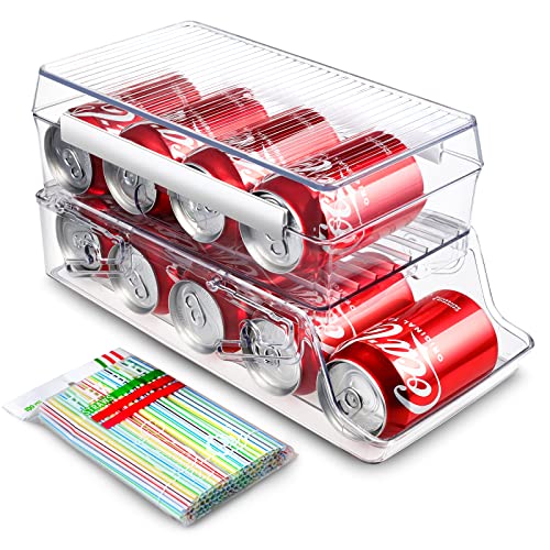 Anpro 2-Layer Refrigerator Can Organizer with Lid and 200 Straws